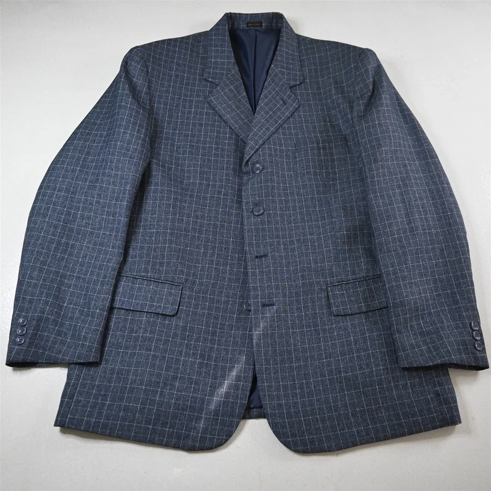 Gianni Vironi 44L 34x32 Blue Windowpane 3 Piece Vest Mens Jacket Pants‎ Suit
